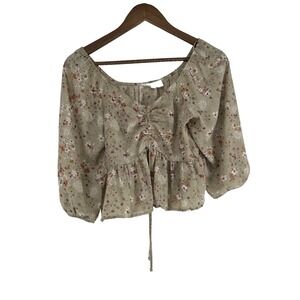 Pink Rose Floral Ruched Balloon Sleeve Cropped Blouse babydoll ruffle festival M